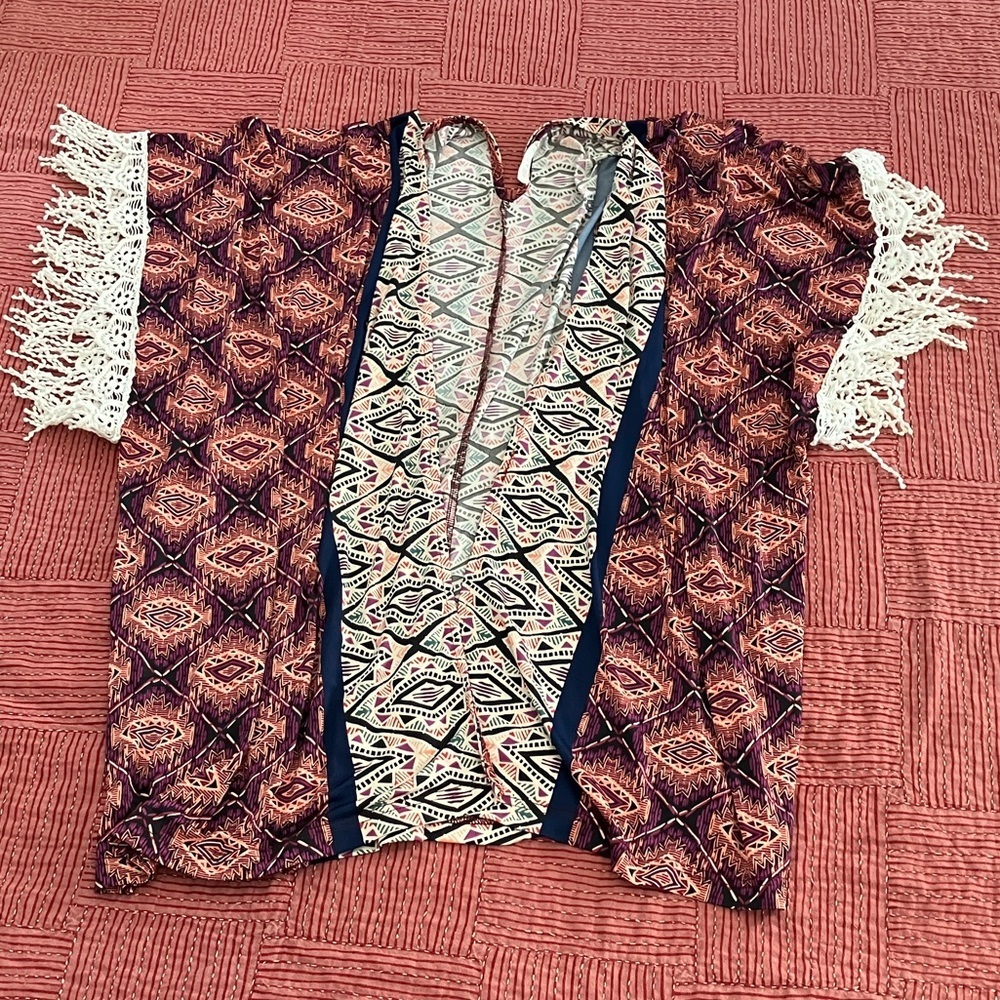 Cat D. Bohemian Fringe Open Front Sweater